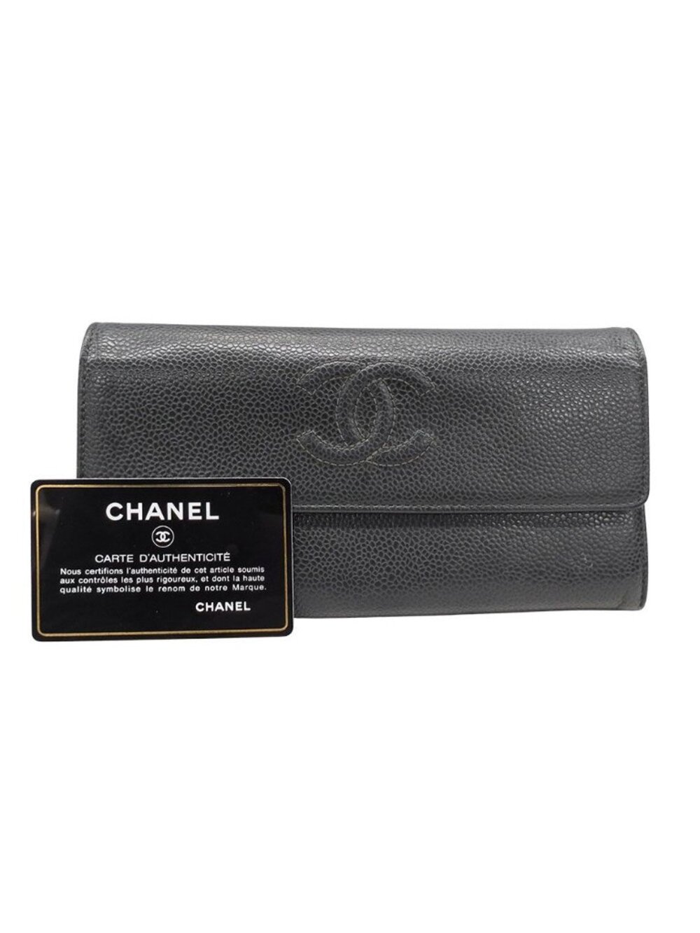Chanel Wallet Caviar Leather Charcoal Gray Flap Type Logo Adult - Picture 5 of 15